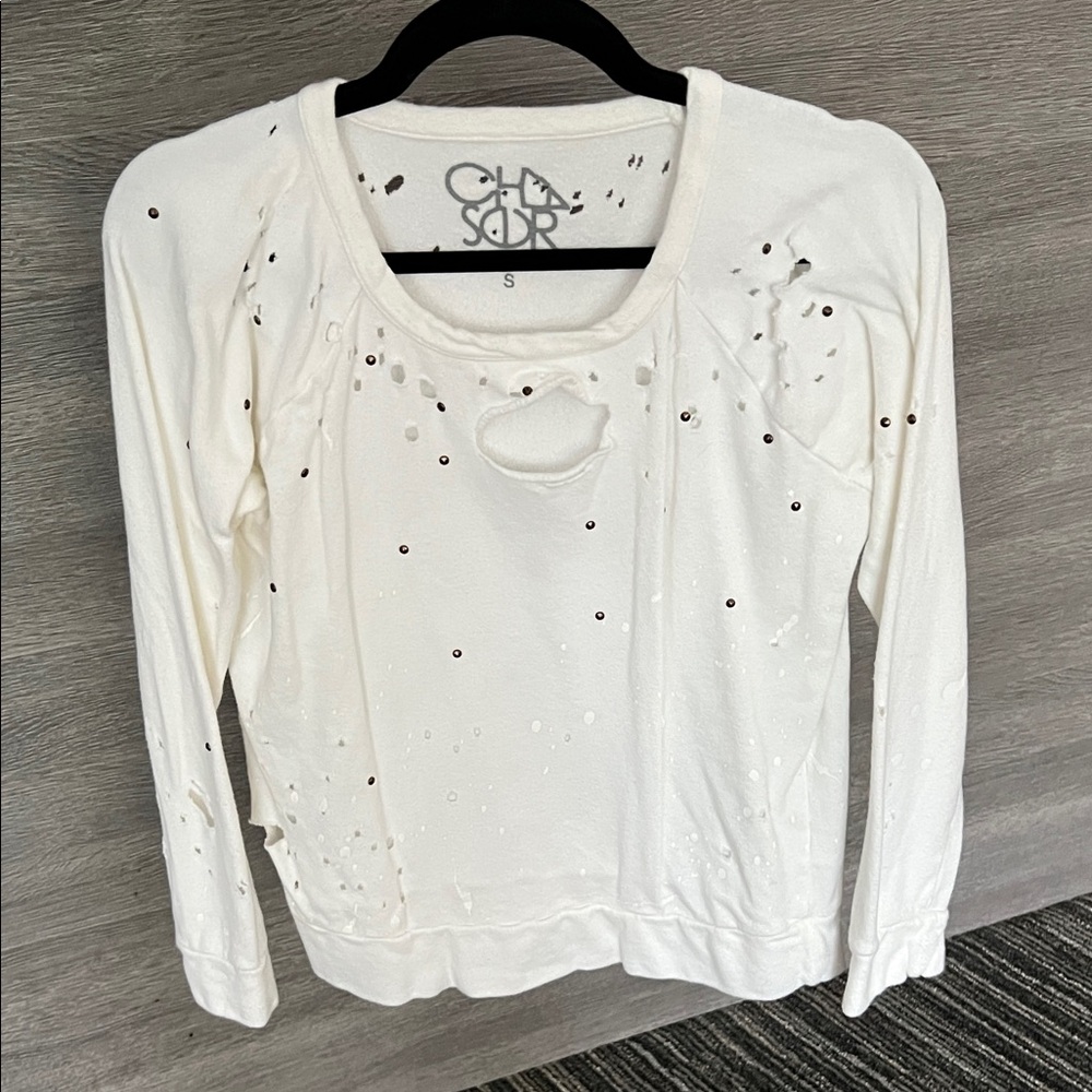 Chaser White Distressed Long Sleeve Tee.